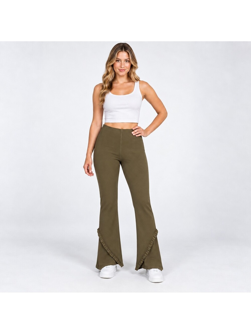 NWT Halara High Waisted Ruffle Hem Flare Yoga Pants Olive Size XS
